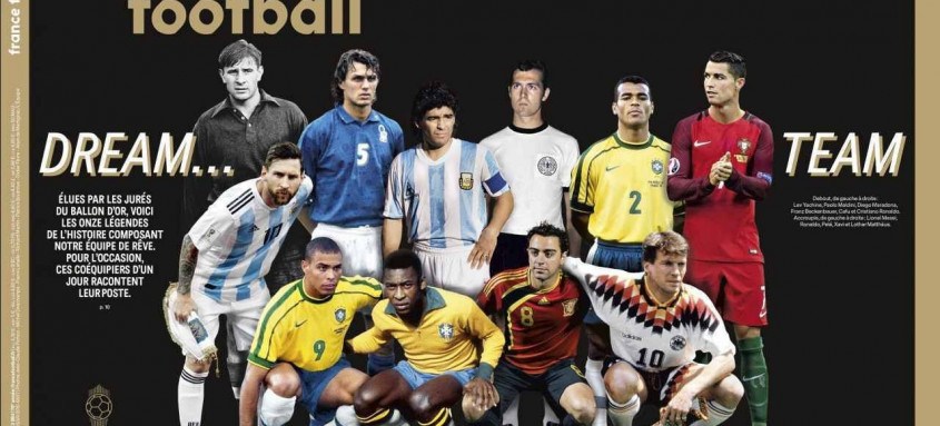 Yashin-RUS, Maldini-ITA, Maradona-ARG, Beckenbauer-ALE, Cafu-BRA, C. Ronaldo-POR (em pé); Messi-ARG, Ronaldo-BRA, Pelé-BRA, Xavi-ESP e Matthaus-ALE (agachados)  