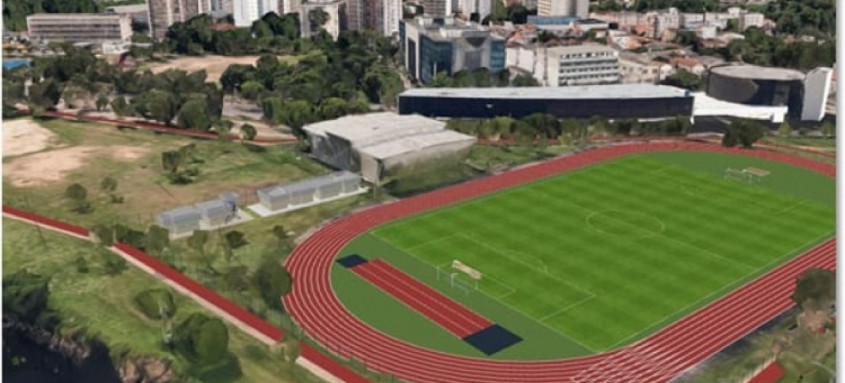 Projeto segue determinações internacionais para dimensões e inclui área de salto em altura, salto com vara, salto triplo e à distância, além de campo de futebol - Foto: Divulgação Projeto segue determinações internacionais para dimensões e inclui área de salto em altura, salto com vara, salto triplo e à distância, além de campo de futebol