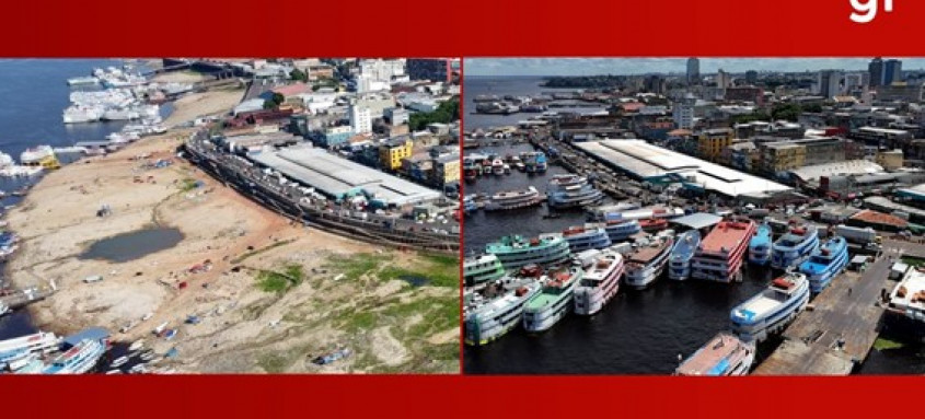 Comparativo mostra Manaus na seca de 2024 e na cheia de 2025.